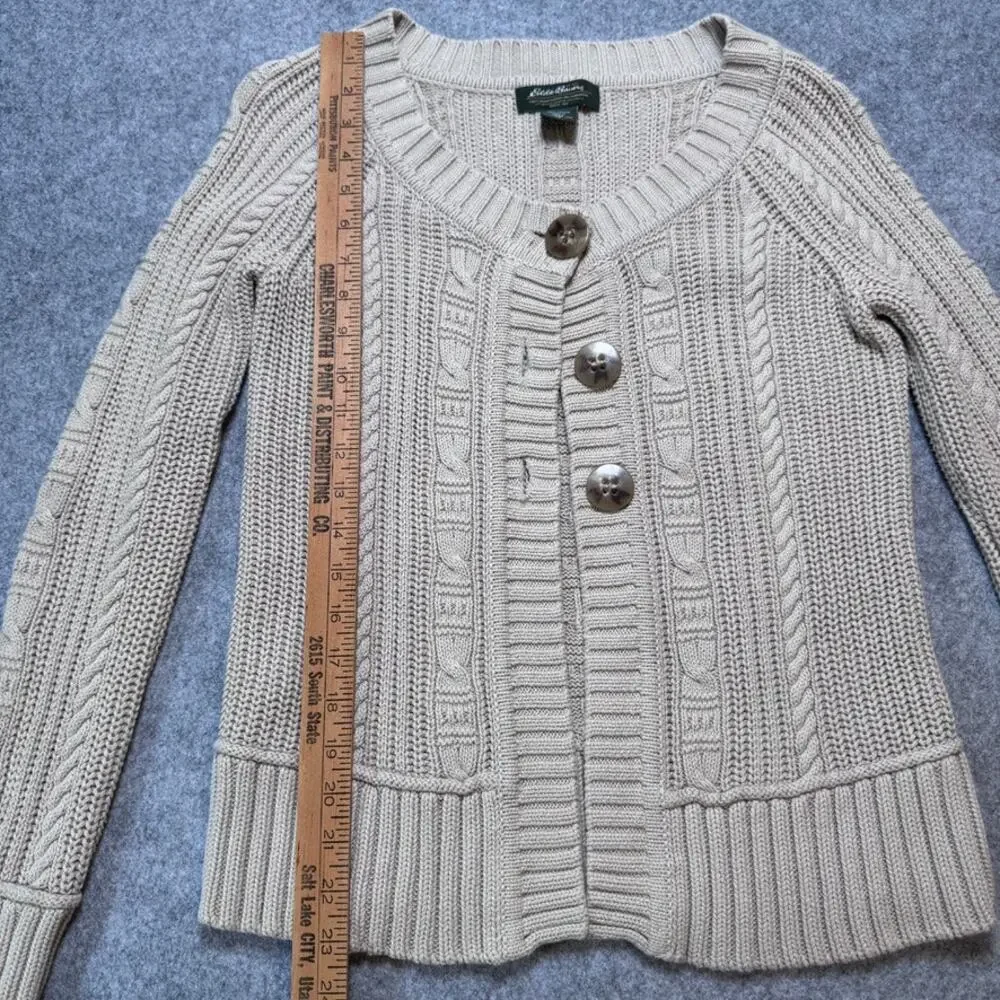 Eddie Bauer Women’s XS Cable Knit Cardigan Sweater 100% Cotton Beige Button